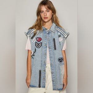 POL Denim Patchwork Embroidered Studded Fishnet Button-Up Vest – Size Small, NWT